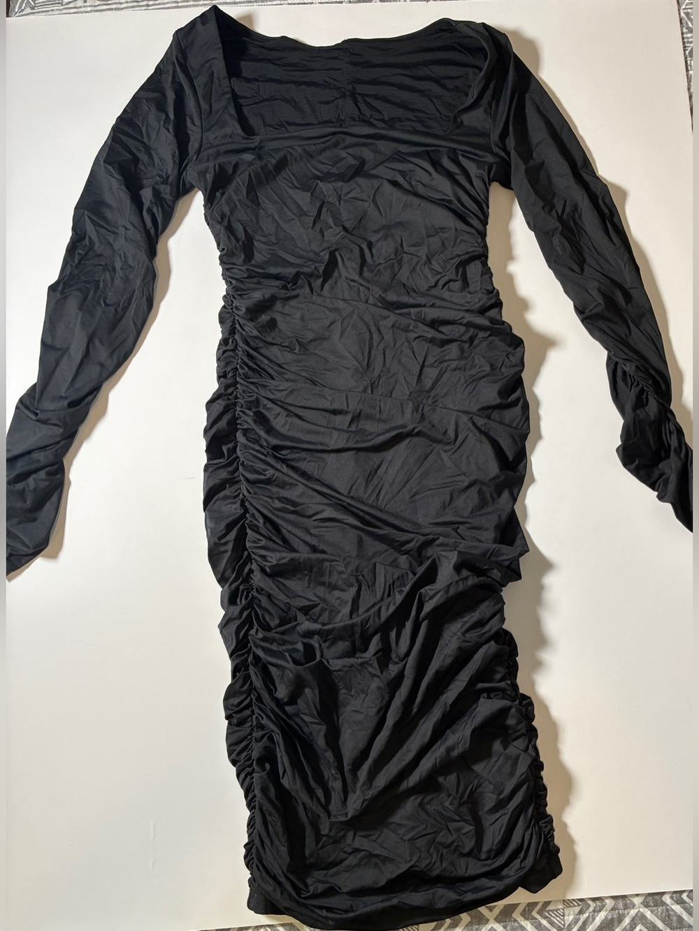 Black Ruched Long Sleeve Bodycon Midi Dress | Square Neck | Size M - Picture 5 of 9